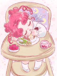 Rule 34 | 1girl, baby, bishoujo senshi sailor moon, chibi chibi, closed eyes, commentary request, cup, dated, double bun, drill hair, finger sucking, food, fruit, hair bun, hemuhemu moca, highres, holding, holding spoon, pink hair, plate, signature, socks, solo, spoon, strawberry, toddler