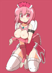 Rule 34 | 1girl, :o, blush, breast hold, breastless clothes, breasts, breasts out, caseal, choker, elbow gloves, elenor camuel, fingerless gloves, gloves, headdress, kneeling, leotard, looking at viewer, maid headdress, medium breasts, naitou kouse, nipples, phantasy star, phantasy star online, pink background, pink eyes, pink hair, pink theme, racaseal, short hair, simple background, solo, thighhighs, white thighhighs