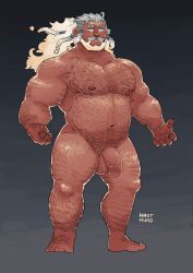 Rule 34 | 1boy, absurdres, arm hair, bara, barbarian (d&amp;d), beard, body hair, chest hair, completely nude, dark-skinned male, dark skin, dungeons &amp; dragons, facial hair, fiery hair, flaccid, girthy penis, goliath (d&amp;d), gradient hair, hahasthund, hairy, highres, large pectorals, leg hair, long hair, looking at viewer, looking to the side, male focus, mature male, monk (d&amp;d), multicolored hair, muscular, muscular male, mustache, navel hair, nipples, nude, old, old man, pectorals, penis, solo, standing, stomach, thick eyebrows, thick mustache, thick thighs, thighs, uncensored