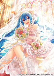 Rule 34 | 1girl, :d, bare shoulders, blue eyes, blue hair, bouquet, commentary, crypton future media, dress, elbow gloves, flower, gari (apollonica), gloves, hair between eyes, hair flower, hair ornament, hatsune miku, hatsune miku graphy collection, highres, holding, holding bouquet, instrument, jewelry, lace, lace-trimmed gloves, lace trim, light rays, long hair, looking at viewer, necklace, official art, open mouth, organ (instrument), sitting, smile, solo, stained glass, strapless, strapless dress, sunbeam, sunlight, tiara, twintails, veil, very long hair, vocaloid, wedding dress, window
