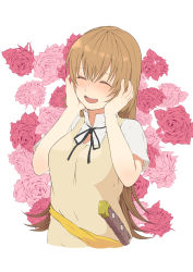 Rule 34 | 1girl, apron, arms up, black neckwear, blush, brown apron, brown hair, closed eyes, commentary request, floral background, hair between eyes, hands on own face, highres, holding head, katana, kobaji, long hair, open mouth, shirt, short sleeves, sidelocks, smile, solo, sword, todoroki yachiyo, upper body, very long hair, waitress, weapon, white background, white shirt, working!!