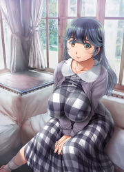 Rule 34 | 10s, 1girl, ahoge, alternate costume, black hair, breasts, brown eyes, collarbone, dress, covered erect nipples, eye reflection, highres, huge ahoge, kantai collection, kantori, large breasts, long hair, looking at viewer, plaid, plaid dress, puffy sleeves, reflection, smile, solo, sunlight, ushio (kancolle), v arms, window