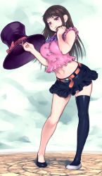 Rule 34 | 10s, 1girl, asymmetrical footwear, bare arms, belt, black footwear, black skirt, black thighhighs, bow, breasts, brown belt, brown hair, closed mouth, commentary request, cosplay, diane (nanatsu no taizai), earrings, elizabeth liones (cosplay), envenomist (gengoroumaru), frilled sleeves, frills, full body, hands up, hat, hat bow, highres, holding, holding clothes, holding hat, jewelry, large breasts, long hair, looking at viewer, midriff, miniskirt, mismatched footwear, nanatsu no taizai, navel, nose, pigeon-toed, pink shirt, purple eyes, purple hat, shirt, shoes, short sleeves, single thighhigh, skirt, smile, solo, standing, thighhighs, unworn hat, unworn headwear, white footwear