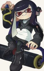 Rule 34 | 1girl, black footwear, black hair, black jacket, black leggings, black shorts, commentary, dot nose, earrings, full body, high tops, highres, holding, holding weapon, inkling, inkling girl, inkling player character, jacket, jewelry, leggings, leggings under shorts, long hair, looking at viewer, multicolored clothes, multicolored jacket, nintendo, pointy ears, red eyes, shoes, shorts, simple background, sitting, smile, sneakers, solo, splat roller (splatoon), splatoon (series), splatoon 3, teeth, tentacle hair, two-tone jacket, weapon, white background, white jacket, yattpki3wfyvsm5
