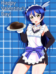 Rule 34 | 1girl, alternate hairstyle, apron, artist name, artist request, bare legs, bare shoulders, black background, black skirt, black sleeves, blue bow, blue hair, blue ribbon, blush, bow, breasts, brown eyes, cake, checkered background, choker, cleavage, detached collar, detached sleeves, double bun, dress, dress bow, earrings, elbow sleeves, female focus, food, frilled apron, frilled dress, frilled shirt collar, frills, fur-trimmed sleeves, fur trim, hair between eyes, hair bun, hair ribbon, hand on own hip, holding, holding plate, jewelry, long hair, looking at viewer, love live!, love live! school idol festival, love live! school idol project, maid, maid apron, maid cap, maid headdress, miniskirt, mogyutto &quot;love&quot; de sekkin chuu!, parted lips, pearl earrings, plaid, plaid dress, plaid skirt, plate, pleated, pleated dress, pleated skirt, purple choker, purple ribbon, ribbon, skirt, sleeveless, sleeveless dress, small breasts, smile, solo, sonoda umi, string bra, stud earrings, white apron, white detached collar, white dress, white wrist cuffs, wrist cuffs, yellow eyes
