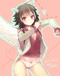 Rule 34 | 1girl, black hair, breasts, cleavage, cosplay, dated, dressing, highres, horns, keemoringo, kijin seija, kishin sagume, kishin sagume (cosplay), long sleeves, looking at viewer, md5 mismatch, midriff, multicolored hair, navel, panties, red eyes, red hair, resized, shirt, short hair, simple background, single wing, small breasts, smile, solo, sweat, text focus, touhou, underwear, vest, white hair, wings