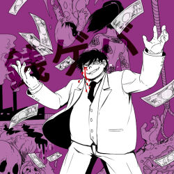 Rule 34 | 1boy, banknote, blood, bloody tears, buried, business suit, buttoned cuffs, buttons, coin, copyright name, crying, dollar bill, evil grin, evil smile, factory, falling money, fangs, formal, fuutarou gamagori, grin, kyougeki649, male focus, money, necktie, noose, purple background, short hair, skull, smile, spot color, suit, vest, zeni geba