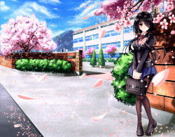 Rule 34 | 1girl, black hair, black pantyhose, blazer, blue skirt, blue sky, blush, brick wall, briefcase, bush, cherry blossoms, cloud, contrail, date a live, day, hair over one eye, heterochromia, highres, jacket, legs together, loafers, long hair, looking at viewer, mountain, neck ribbon, outdoors, pantyhose, pleated skirt, red eyes, revision, ribbon, school briefcase, school uniform, shoes, skirt, sky, smile, solo, thighband pantyhose, tokisaki kurumi, tree, tsubasaki, yellow eyes
