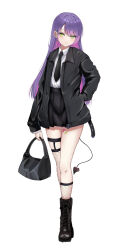 Rule 34 | 1girl, bag, boots, ear piercing, earrings, fishnet thighhighs, fishnets, full body, green eyes, hand in pocket, handbag, highres, hololive, jacket, jewelry, kneehighs, long hair, looking at viewer, multicolored hair, necktie, nyarome (nyaromeart), piercing, pink hair, pointy ears, purple hair, simple background, skirt, socks, solo, tail, thighhighs, tokoyami towa, two-tone hair, virtual youtuber, white background