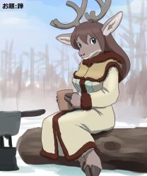 Rule 34 | 1girl, brown hair, copyright request, female focus, forest, furry, furry female, green eyes, long hair, moose, nature, outdoors, plant, ryu masakaze, sky, snow, solo, translation request, winter, winter clothes