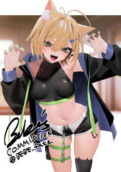 Rule 34 | 1girl, absurdres, animal ear fluff, animal ears, antenna hair, bare shoulders, bebe (bebe pp), belt, black jacket, black shorts, blonde hair, blurry, blurry background, breasts, cat ears, cat hair ornament, check copyright, commentary request, commission, copyright request, cowboy shot, green belt, green eyes, green nails, hair between eyes, hair ornament, hairclip, hands up, highres, hood, hood down, jacket, leaning forward, long sleeves, medium breasts, nail polish, navel, open clothes, open jacket, original, short hair, shorts, single thighhigh, skindentation, solo, stomach, thighhighs, thighlet, two-sided fabric, two-sided jacket