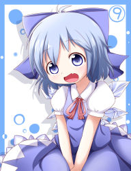 Rule 34 | 1girl, blue eyes, blue hair, bow, circled 9, cirno, fang, framed, hair bow, highres, looking at viewer, makuran, matching hair/eyes, open mouth, outside border, shirt, short hair, skirt, skirt set, smile, solo, touhou, v arms, vest, wings