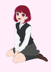 Rule 34 | 1girl, absurdres, arima kana, black skirt, black socks, black sweater vest, bob cut, brown footwear, full body, highres, inverted bob, looking at viewer, opa515, open mouth, oshi no ko, pink background, red eyes, red hair, shirt, short hair, simple background, sitting, skirt, smile, socks, sweater vest, white shirt