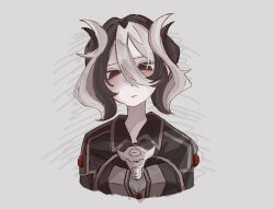 Rule 34 | 1girl, black eyes, black hair, black jacket, blush, closed mouth, collared jacket, cropped torso, female focus, grey background, hair between eyes, half-closed eyes, head tilt, highres, jacket, looking at viewer, made in abyss, multicolored hair, ozen, short hair, sidelocks, simple background, solo, straight-on, tamako (pixiv 71110817), two-tone hair, upper body, whistle, whistle around neck, white hair