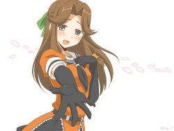 Rule 34 | 10s, 1girl, :d, brown eyes, brown hair, elbow gloves, gloves, hand on own chest, jintsuu (kancolle), kantai collection, kisaragi (hara-kiri), kisaragi hina, long hair, open mouth, outstretched arm, outstretched hand, smile, solo