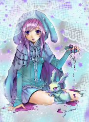 Rule 34 | 1girl, capelet, cloak, food, fruit, highres, holding, hood, hooded cloak, leaf, lips, looking at viewer, monster, open mouth, original, parted lips, pink eyes, puddle, purple hair, rabbit, raspberry, sparkle, star (symbol), xi qi