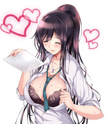 Rule 34 | 1girl, bad id, bad pixiv id, black bra, black hair, blush, bra, breasts, cleavage, closed eyes, clothes pull, collarbone, commentary request, dog tags, dress shirt, fanning face, hair between eyes, heart, idolmaster, idolmaster shiny colors, large breasts, long hair, necktie, open clothes, open shirt, ponytail, ponytail korosuke, revision, school uniform, shirase sakuya, shirt, shirt pull, simple background, smile, solo, sweat, underwear, white background