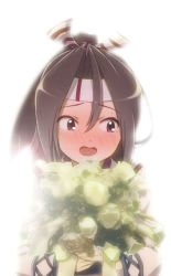 Rule 34 | 10s, 1girl, bad id, bad pixiv id, blush, bouquet, brown eyes, brown hair, commentary request, embarrassed, engiyoshi, flower, hachimaki, hair ribbon, headband, japanese clothes, kantai collection, long hair, looking away, open mouth, ponytail, ribbon, simple background, solo, sweat, white background, zuihou (kancolle)