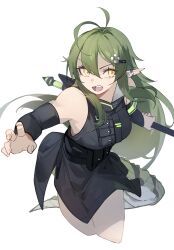 Rule 34 | 1girl, antenna hair, arknights, bare shoulders, belt, black dress, breasts, crocodilian tail, cropped legs, detached sleeves, dress, gavial (arknights), green hair, highres, holding, holding staff, kamatpit, large breasts, long hair, long sleeves, looking at viewer, open mouth, pointy ears, sharp teeth, solo, staff, tail, teeth, v-shaped eyebrows, very long hair, yellow eyes