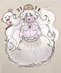 Rule 34 | 1girl, blush, boo (mario), breasts, cleavage, crown, detached collar, ghost tail, grey background, hair between eyes, hands up, hhhori, highres, large breasts, long hair, looking at viewer, mario (series), new super mario bros. u deluxe, nintendo, pink eyes, princess king boo, scan, signature, smile, solo, super crown, tongue, tongue out, traditional media, very long hair, white hair