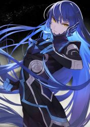 Rule 34 | 1boy, androgynous, arched back, armor, black bodysuit, blue bodysuit, blue hair, bodysuit, colored inner hair, commentary request, cowboy shot, crossed bangs, donbee937, floating hair, hand up, highres, long hair, looking at viewer, male focus, multicolored hair, night, night sky, parted lips, protagonist (smtv), shin megami tensei, shin megami tensei v, sidelocks, sky, star (sky), starry sky, swept bangs, v-shaped eyebrows, very long hair, yellow eyes