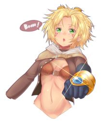 Rule 34 | 1girl, blonde hair, earrings, ezreal, gauntlets, gender request, genderswap, goggles, goggles on head, green eyes, groin, jewelry, league of legends, midriff, navel, nekonyan (nekoworld), open clothes, open mouth, open shirt, out-of-frame censoring, shirt, short hair, solo