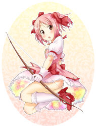 Rule 34 | 10s, 1girl, ass, bad id, bad pixiv id, blush, bow, bow (weapon), dress, female focus, full body, gloves, gradient background, hair bow, hair ribbon, hiro kazuki, kaname madoka, magical girl, mahou shoujo madoka magica, mahou shoujo madoka magica (anime), no panties, open mouth, pink eyes, pink hair, ribbon, short hair, short twintails, simple background, solo, twintails, weapon, white background