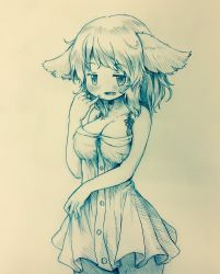 Rule 34 | 1girl, animal ears, arinu, bare arms, blush, breasts, buttons, cleavage, dress, fang, highres, kasodani kyouko, large breasts, looking at viewer, medium hair, monochrome, pinky out, smile, solo, standing, touhou, traditional media