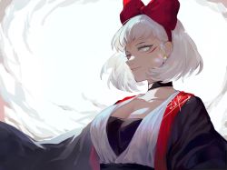 Rule 34 | 1girl, black choker, blunt bangs, bow, breasts, choker, chuo4016, cleavage, confetti cousin, earrings, hair bow, hairband, heterochromia, highres, jewelry, large breasts, lens flare, looking at viewer, red eyes, short hair, sky: children of the light, solo, white hair