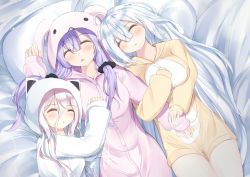 Rule 34 | 3girls, ahoge, animal hood, arm hug, aties20, bad id, bad twitter id, bed, breasts, closed eyes, commentary, girl sandwich, hand on another&#039;s chest, holding another&#039;s arm, hood, ia (vocaloid), kizuna akari, light blush, long hair, medium breasts, multiple girls, pajamas, parted lips, pillow, pink hair, pink pajamas, purple hair, rabbit hood, sandwiched, silver hair, sleeping, vocaloid, voiceroid, white pajamas, yellow pajamas, yuzuki yukari