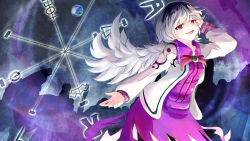 Rule 34 | 1girl, commentary request, dress, hand in own hair, highres, jacket, kishin sagume, legacy of lunatic kingdom, long sleeves, looking at viewer, nama shirasu, open clothes, open jacket, open mouth, pink dress, pink eyes, short hair, silver hair, single wing, smile, solo, touhou, wings