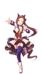 Rule 34 | 1girl, ;d, animal ears, brown hair, flower in eye, hairband, highres, horse ears, horse girl, horse tail, jacket, leg up, long hair, looking at viewer, midriff, navel, official art, one eye closed, open mouth, pointing, ponytail, purple eyes, purple thighhighs, red shorts, sakura bakushin o (umamusume), shorts, simple background, smile, solo, starting future (umamusume), symbol in eye, tail, thighhighs, umamusume, white jacket