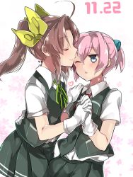 Rule 34 | 10s, 2girls, ahoge, blue eyes, blush, bow, brown hair, closed eyes, cowboy shot, dated, gloves, hair bow, hand on shoulder, heart, highres, holding hands, kagerou (kancolle), kantai collection, md5 mismatch, multiple girls, one eye closed, pink hair, ponytail, resized, resolution mismatch, school uniform, shiranui (kancolle), short ponytail, skirt, source larger, white gloves, yuri, zinpati