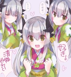 Rule 34 | 1girl, blush, commentary request, fate/grand order, fate (series), highres, horns, japanese clothes, kimono, kiyohime (fate), long hair, looking at viewer, nanahachi, open mouth, silver hair, sketch, smile, solo, translation request, yellow eyes
