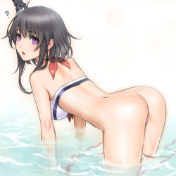 Rule 34 | 10s, 1girl, ?, all fours, ass, bad id, bad pixiv id, bare shoulders, bikini, unworn bikini bottom, black hair, blush, bottomless, breasts, from behind, hair ornament, highres, kantai collection, looking at viewer, open mouth, partially submerged, purple eyes, sano toshihide, short hair, short hair with long locks, side-tie bikini bottom, simple background, solo, swimsuit, wading, wardrobe malfunction, water, wet, white background, yamashiro (kancolle)