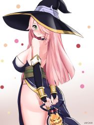 Rule 34 | 1girl, artist request, ass, bare shoulders, black choker, black hair, blush, breasts, choker, epic seven, green eyes, hair over one eye, hat, highres, lantern, large breasts, long hair, looking back, one eye covered, pink hair, serila (epic seven), simple background, smile, solo, standing, very long hair, witch hat, yunjoos