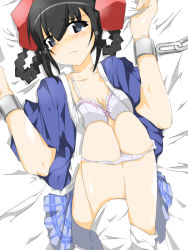 Rule 34 | 1girl, ayukawa tenri, bdsm, black hair, blue eyes, bondage, bound, bow, bra, chain, chained, chained wrists, chain, crying, crying with eyes open, forced, from above, hair bow, hair rings, highres, kami nomi zo shiru sekai, loose socks, lying, on back, on bed, open clothes, open shirt, panties, panty pull, plaid, plaid skirt, pleated skirt, polka dot, polka dot panties, rape, school uniform, shirt, short hair, skirt, socks, solo, tears, trefle r, underwear