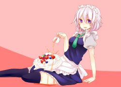 Rule 34 | 1girl, arm support, black thighhighs, blue dress, blue eyes, braid, cake, clover (lapis lazure), cup, dress, food, from side, hair ribbon, izayoi sakuya, looking at viewer, maid, maid headdress, puffy short sleeves, puffy sleeves, ribbon, short hair, short sleeves, silver hair, sitting, teacup, thighhighs, touhou, tress ribbon, twin braids, wet, wet clothes