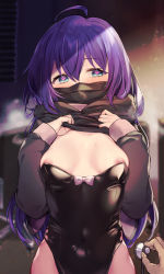 Rule 34 | 1girl, absurdres, ahoge, aqua eyes, areola slip, black leotard, black mask, black shirt, blurry, blurry background, blush, bow, braid, clothes lift, covered mouth, covered navel, groin, heart, heart-shaped pupils, highres, holding, idolmaster, idolmaster million live!, idolmaster million live! theater days, leotard, leotard under clothes, lifted by self, long hair, long sleeves, looking at viewer, mask, mochizuki anna, mouth mask, nipple slip, nipples, out-of-frame censoring, out of frame, pov, pov hands, purple hair, shade, shennai misha, shiny clothes, shirt, shirt lift, solo, stethoscope, strapless, strapless leotard, sweat, symbol-shaped pupils, upper body, white bow