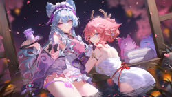 2girls animal_ears bare_shoulders blue_hair breasts chyoel closed_mouth clothing_request commentary_request dango dango_milk_(genshin_impact) food fox_ears frilled_hairband frills gem genshin_impact hair_between_eyes hairband hand_up highres holding holding_tray japanese_clothes large_breasts long_hair looking_at_viewer looking_back multiple_girls onsen parted_lips partially_submerged pink_hair pink_pupils pointy_ears purple_eyes purple_gemstone sanshoku_dango smile tail towel tray very_long_hair wagashi yae_miko yumemizuki_mizuki