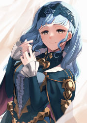 Rule 34 | 1girl, blue cape, blue dress, blue hair, blue hairband, blunt bangs, blush, brown eyes, cape, center frills, closed mouth, commentary request, curtains, dress, fire emblem, fire emblem: three houses, fire emblem warriors, fire emblem warriors: three hopes, frills, hairband, head tilt, highres, lace hairband, long hair, long sleeves, looking at viewer, marianne von edmund, nakabayashi zun, nintendo, official alternate hairstyle, smile, solo, upper body, wavy hair, white curtains