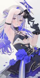 Rule 34 | 1girl, absurdres, amane kanata, amane kanata (another world), angel, angel wings, arm tattoo, armpits, blue flower, blue hair, blue rose, colored inner hair, dress, flower, gloves, grey hair, grin, hair bun, highres, hololive, long hair, looking at viewer, lser116, multicolored hair, official alternate costume, presenting armpit, purple eyes, rose, simple background, smile, solo, strapless, tattoo, tube top, virtual youtuber, wings