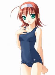 Rule 34 | 00s, 1girl, ahoge, female focus, green eyes, hairband, hand on own chest, highres, kimi ga nozomu eien, moire, norizou type-r, one-piece swimsuit, open mouth, red hair, school swimsuit, simple background, smile, solo, suzumiya akane, swimsuit, white background