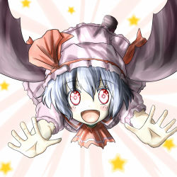 Rule 34 | 1girl, ao-shiba, bat wings, blue hair, bow, fang, flying, hat, hat bow, incoming hug, mob cap, open hands, open mouth, red eyes, remilia scarlet, solo, touhou, wings