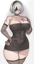 Rule 34 | 1girl, absurdres, alternate costume, android, black blindfold, black dress, blindfold, breasts, commentary, contemporary, curvy, detached sleeves, dress, english commentary, goth fashion, hand on own hip, highres, huge breasts, kelvin hiu, lips, mole, mole under mouth, nier, nier (series), nier:automata, pale skin, short hair, simple background, thick lips, thick thighs, thighs, tight clothes, white hair, wide hips, 2b (nier:automata)