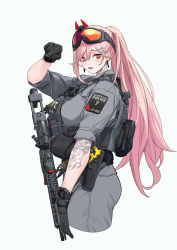 Rule 34 | 1girl, absurdres, arm tattoo, assault rifle, black gloves, breasts, carbine, electroshock weapon, girls&#039; frontline, gloves, gun, hair ornament, hairclip, highres, large breasts, less-than-lethal weapon, long hair, looking at viewer, mole, mole under eye, open mouth, pink hair, police, police badge, police uniform, ponytail, red eyes, rifle, sig mcx (girls&#039; frontline), sig mcx, simple background, tactical clothes, taser, taser x26, tattoo, uniform, weapon, yitiao er-hua