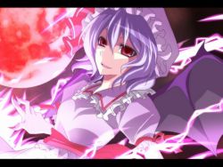 Rule 34 | 1girl, bad id, bad pixiv id, female focus, hat, letterboxed, moon, pink eyes, purple hair, red moon, remilia scarlet, sakura (lilak a), solo, touhou, upper body, wings