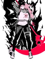 Rule 34 | 1girl, 21tsuna21, absurdres, artist name, crop top, deadbeat (mori calliope), hat, highres, hololive, hololive english, limited palette, midriff, mori calliope, navel, pink eyes, pink hair, ponytail, scythe, skeleton, solo, virtual youtuber