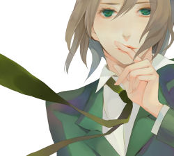 Rule 34 | 00s, androgynous, axis powers hetalia, blouse, brown hair, collared shirt, eyelashes, formal, gender request, green eyes, green necktie, hair between eyes, kidchan, lithuania (hetalia), male focus, necktie, shirt, short hair, simple background, solo, suit, white background, white shirt