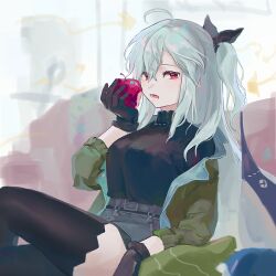 Rule 34 | 1girl, ahoge, apple, arknights, black gloves, black ribbon, black shirt, black thighhighs, breasts, commentary request, crossed legs, feet out of frame, food, fruit, gloves, green jacket, grey hair, grey skirt, hair between eyes, hair ribbon, highres, holding, holding food, holding fruit, jacket, long hair, long sleeves, medium breasts, meito (tomakary), one side up, open clothes, open jacket, open mouth, puffy long sleeves, puffy sleeves, red apple, red eyes, ribbon, shirt, sitting, skadi (arknights), skadi (the next afternoon tea) (arknights), skirt, solo, thighhighs, very long hair
